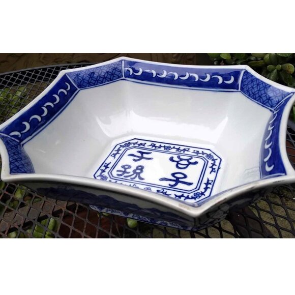 Vintage Octagonal Chinese Cobalt Blue Painted on White Porcelain Vase/Bowl - Picture 5 of 10